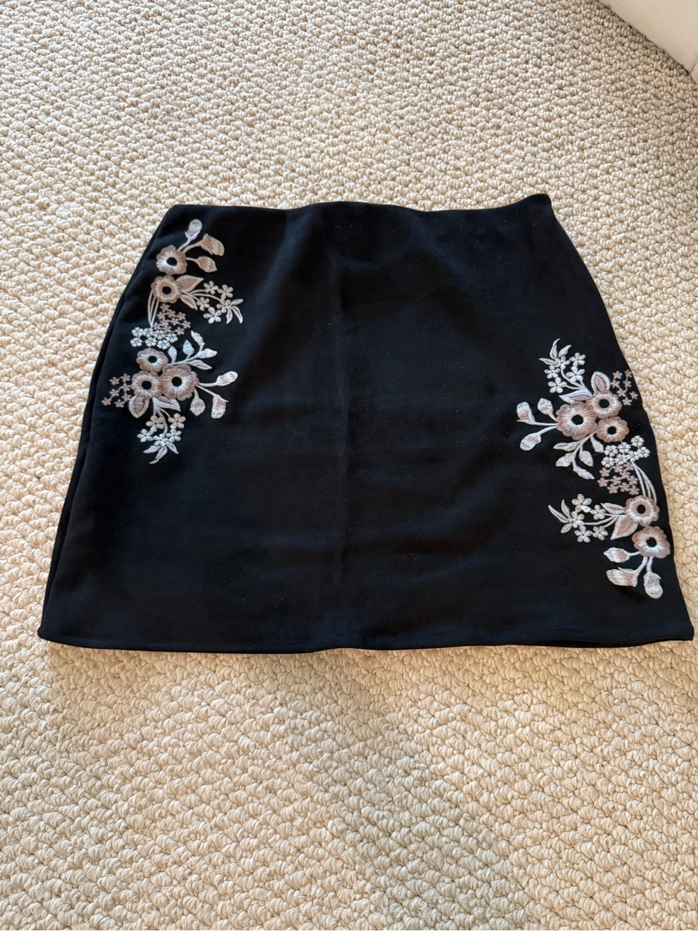 Black Suede Embroidered Floral Mini Skirt